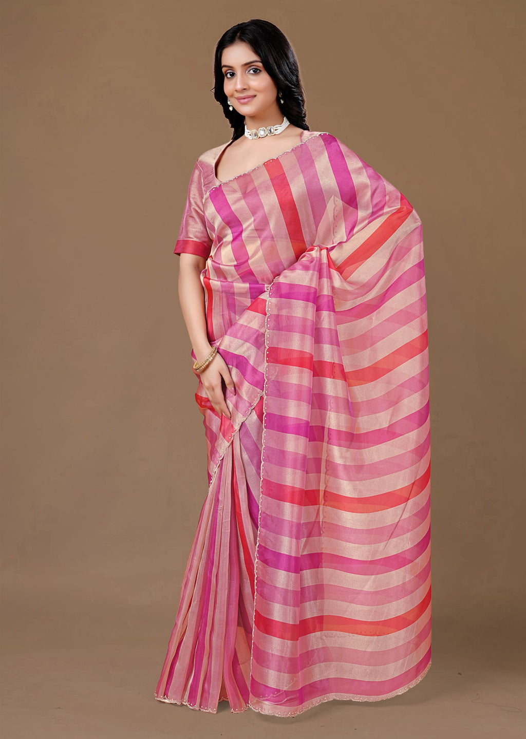 Pink Organza Striped Saree with Stone Work Border Detailing