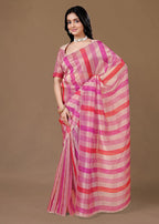 Pink Organza Striped Saree with Stone Work Border Detailing