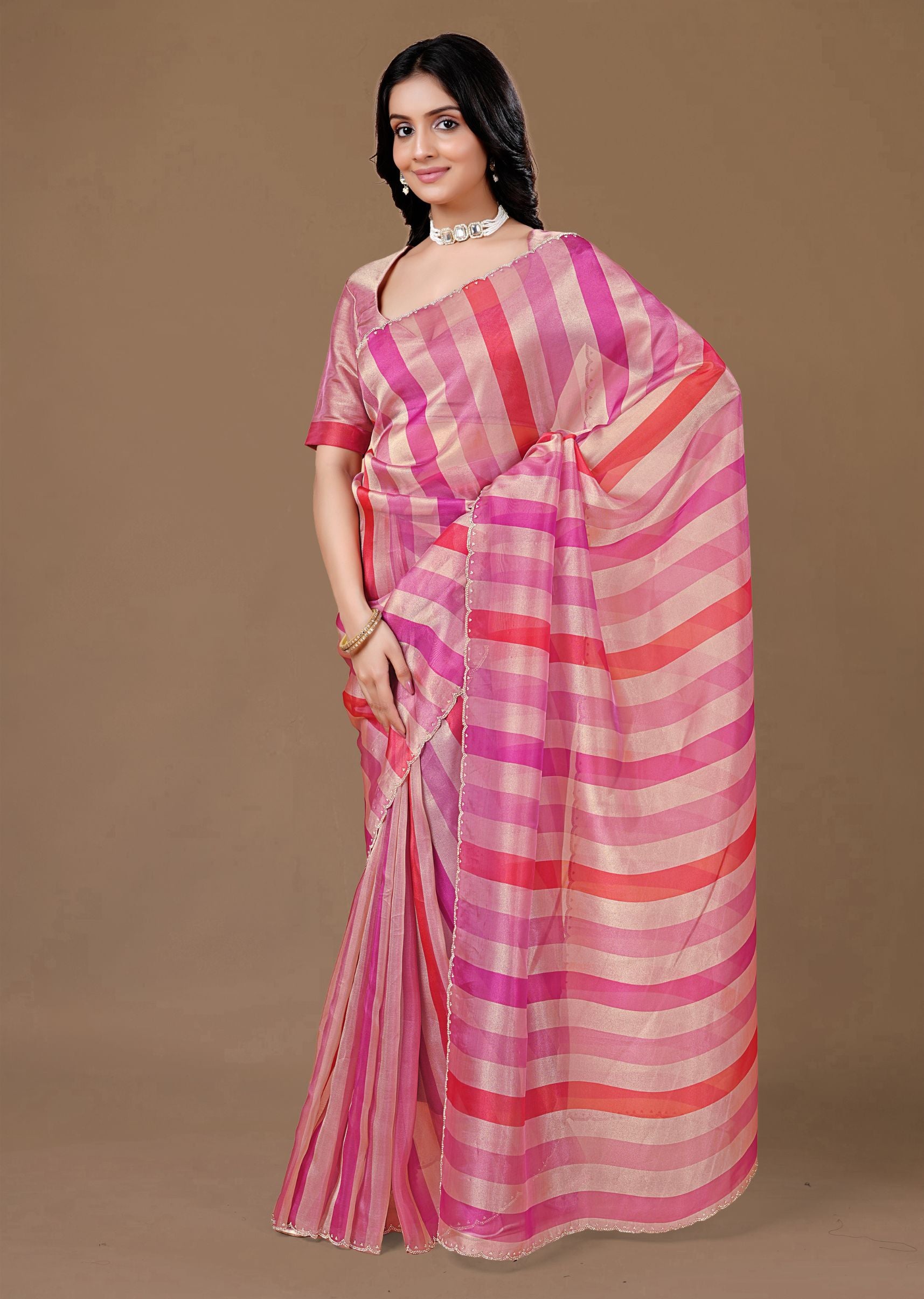 Pink Organza Striped Saree with Stone Work Border Detailing