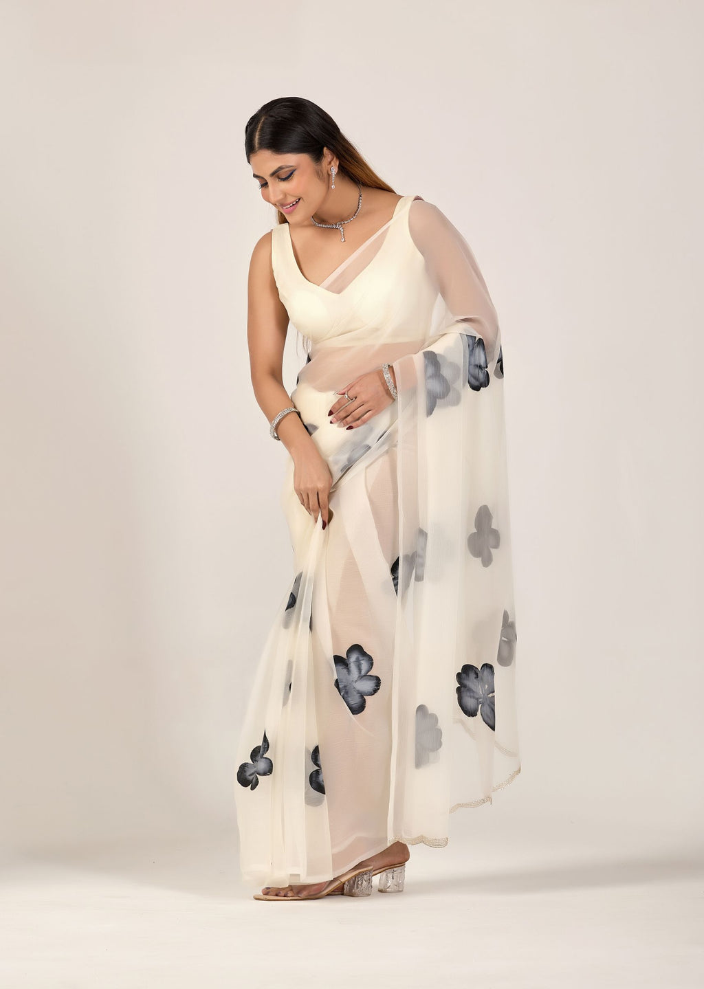 Ivory Organza Floral Printed Saree with Digital Bloom Design