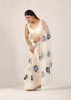 Ivory Organza Floral Printed Saree with Digital Bloom Design