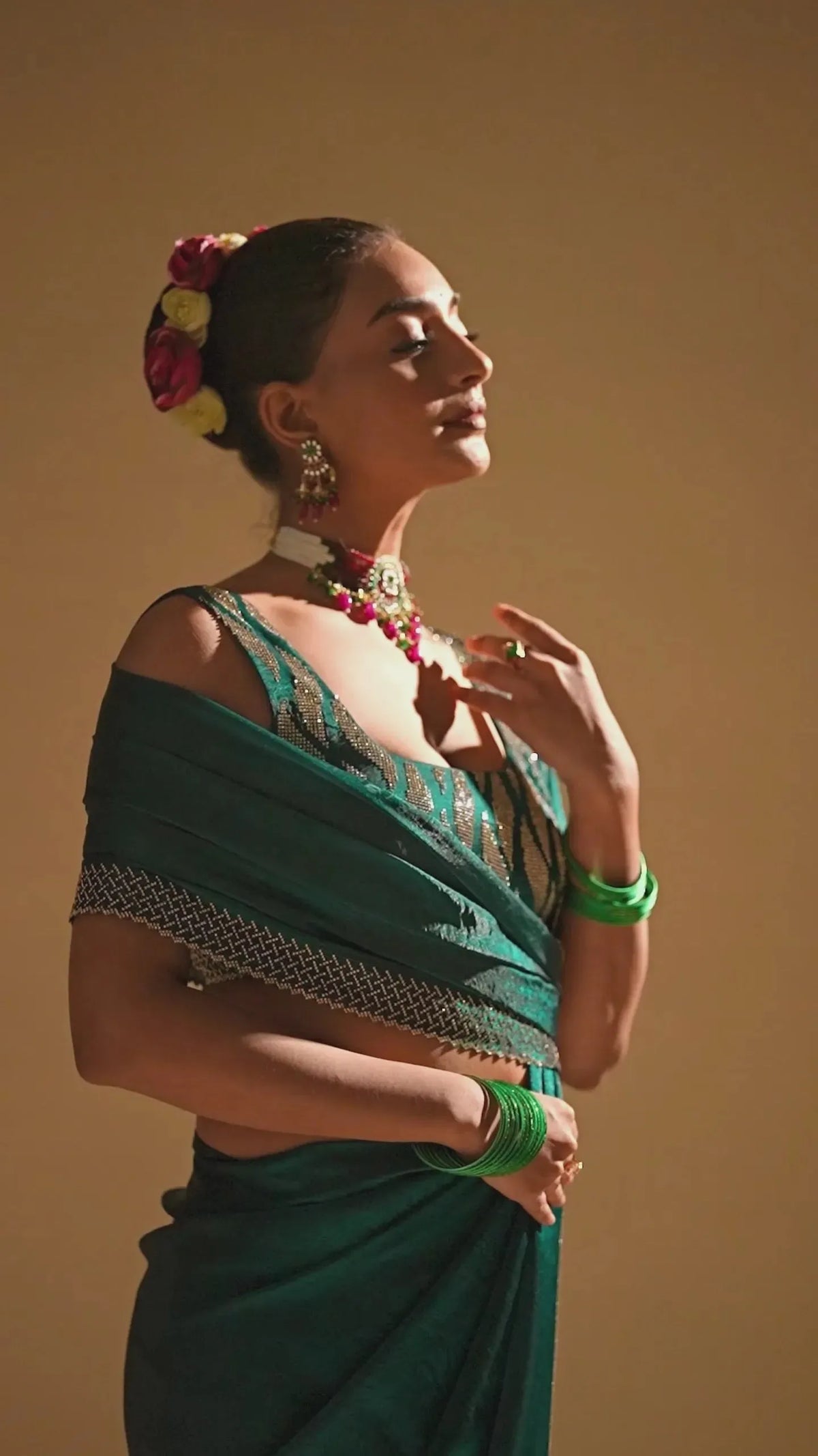 Emerald Green Tissue Silk Saree With Crystal Stone Border