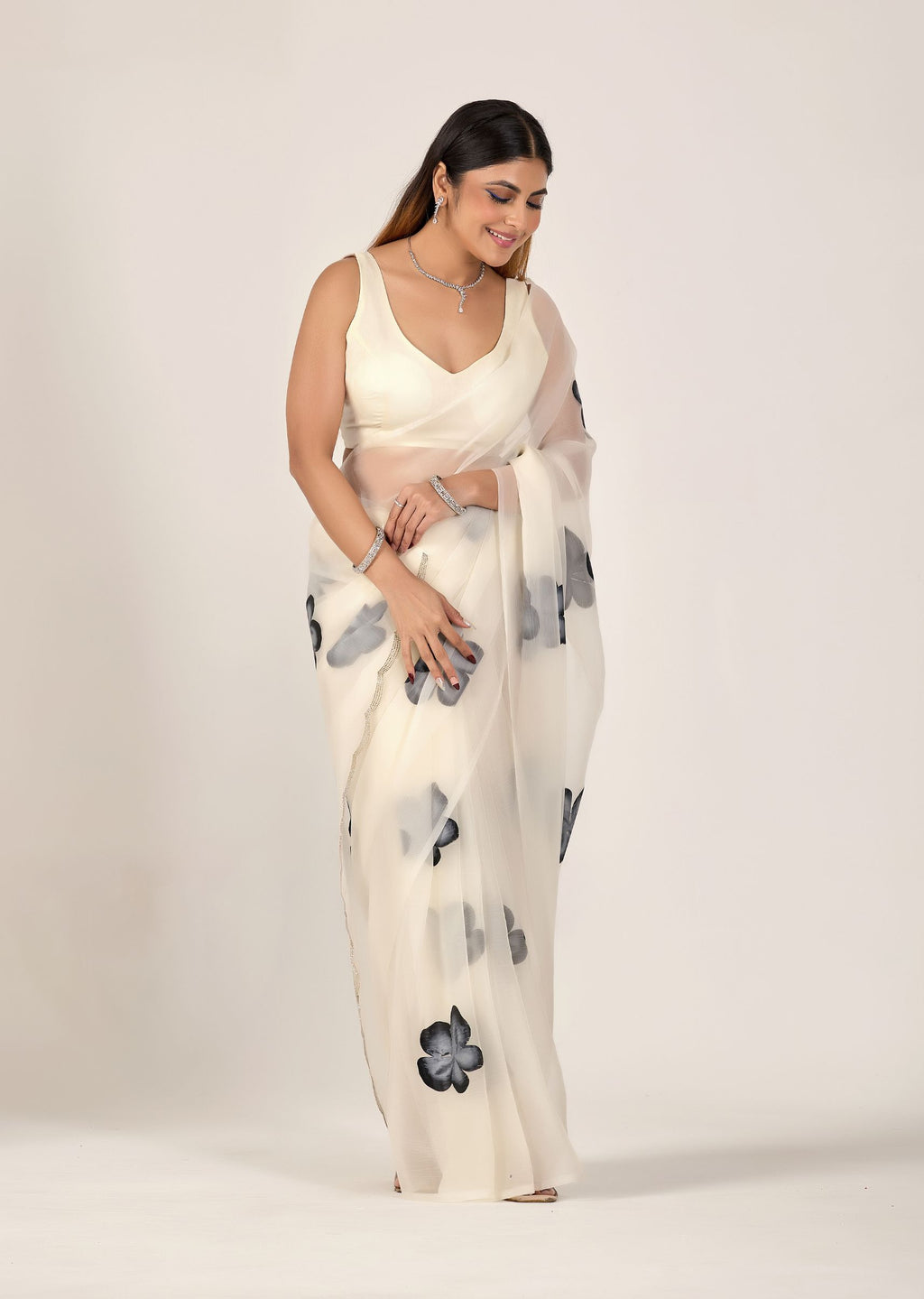 Ivory Organza Floral Printed Saree with Digital Bloom Design