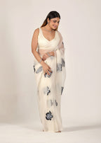 Ivory Organza Floral Printed Saree with Digital Bloom Design