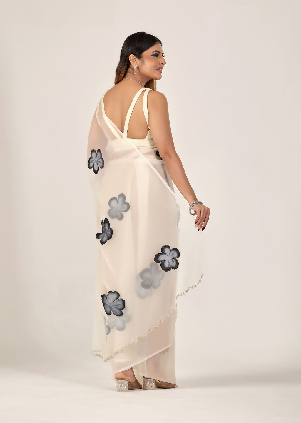 Ivory Organza Floral Printed Saree with Digital Bloom Design