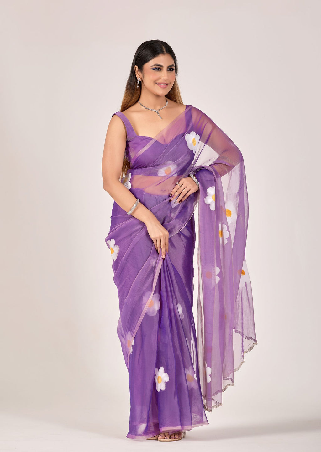 Ivory Organza Floral Printed Saree with Digital Bloom Design