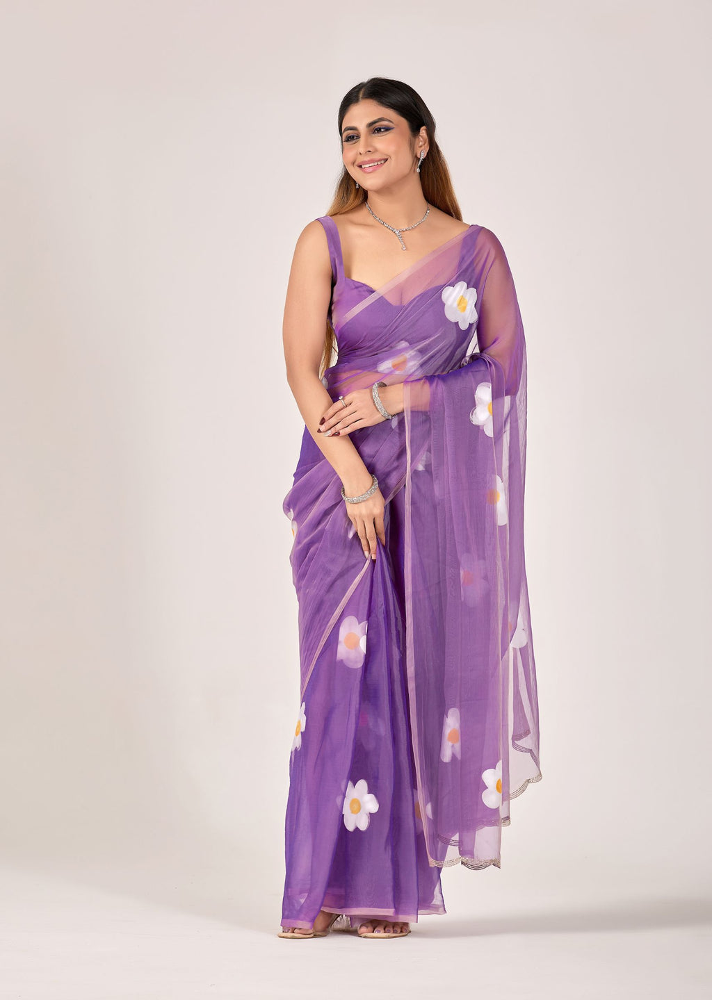 Ivory Organza Floral Printed Saree with Digital Bloom Design