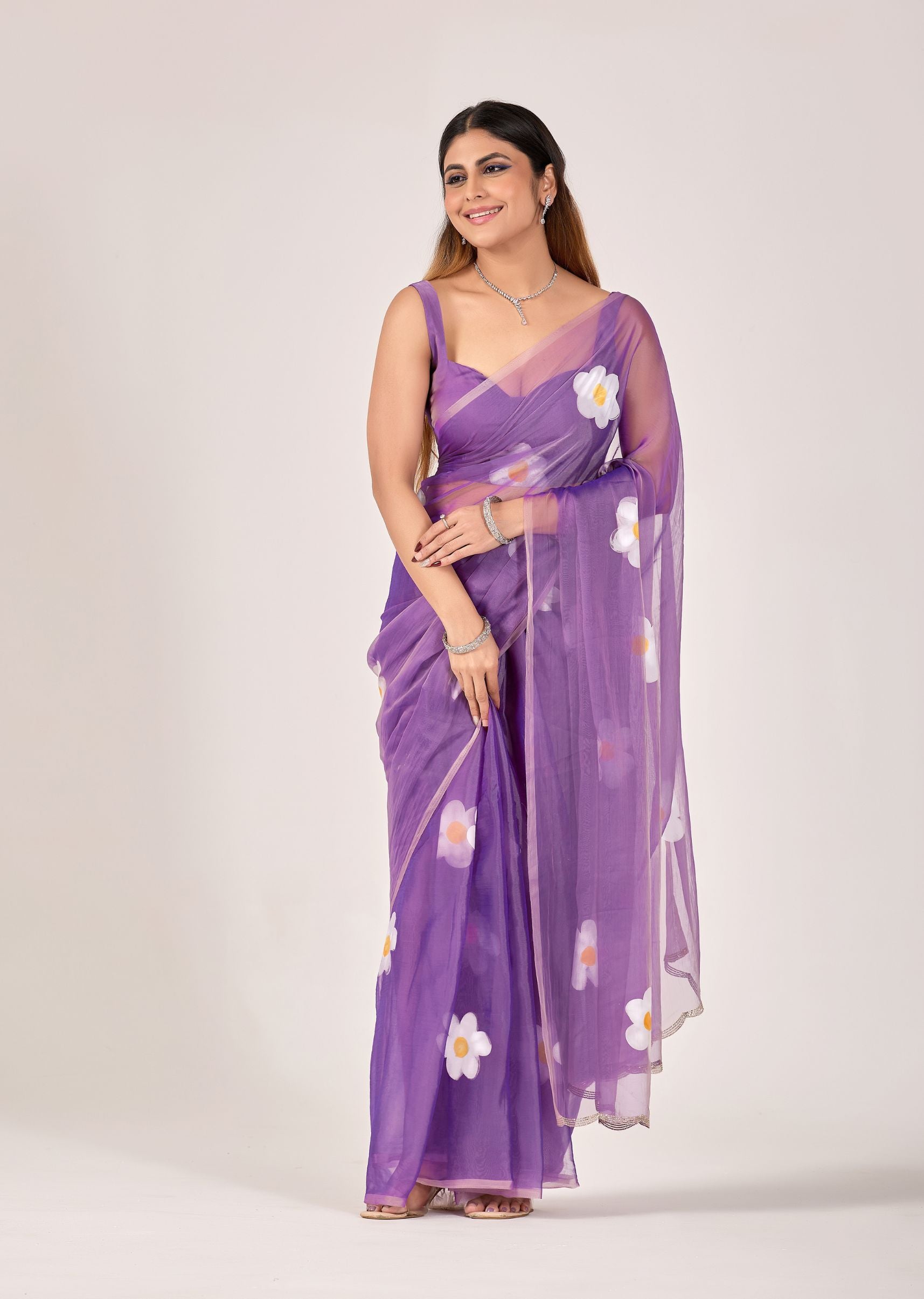 Ivory Organza Floral Printed Saree with Digital Bloom Design