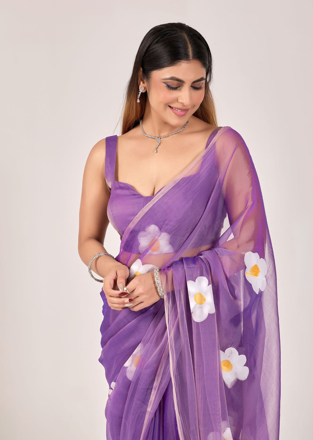 Ivory Organza Floral Printed Saree with Digital Bloom Design