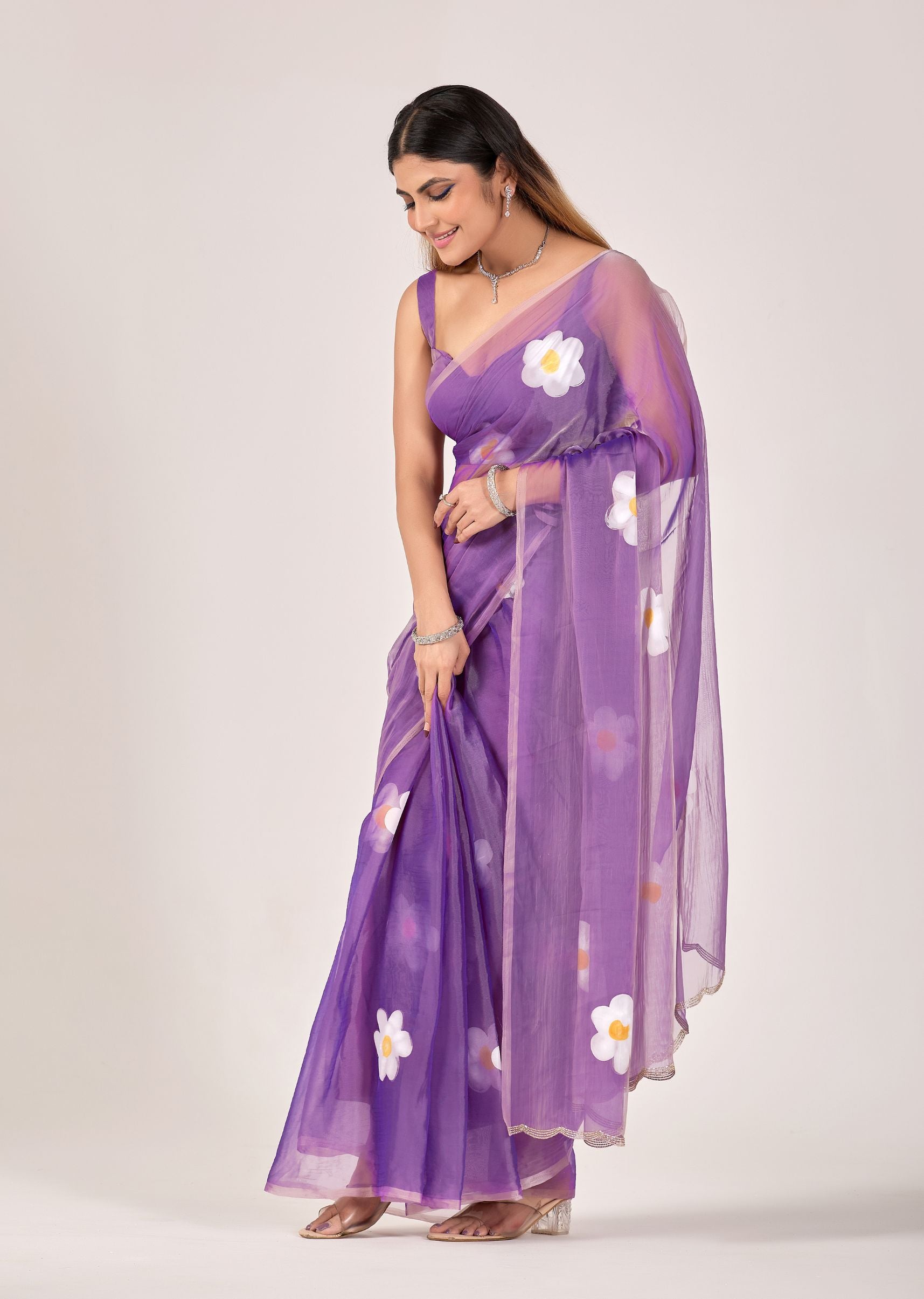 Ivory Organza Floral Printed Saree with Digital Bloom Design