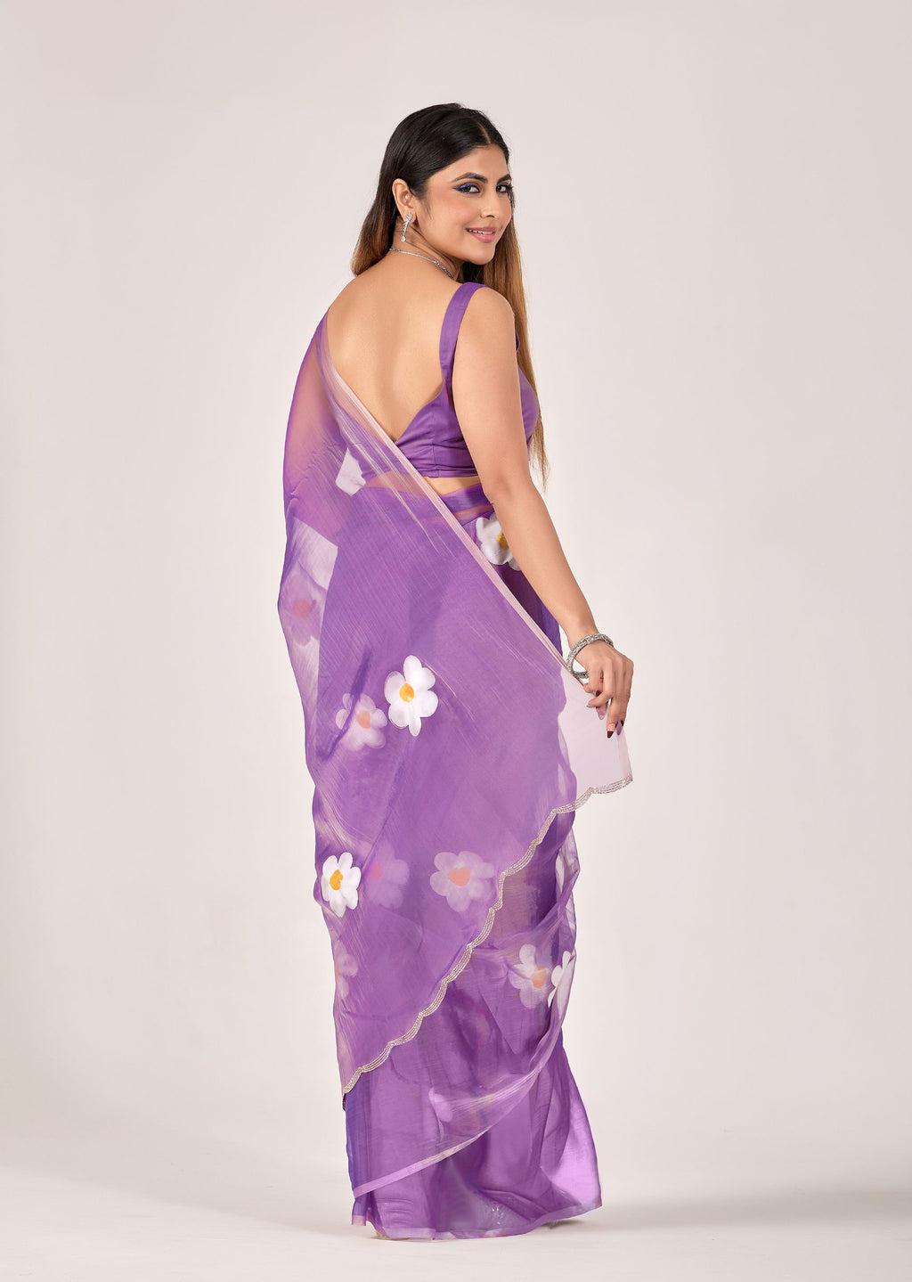 Ivory Organza Floral Printed Saree with Digital Bloom Design