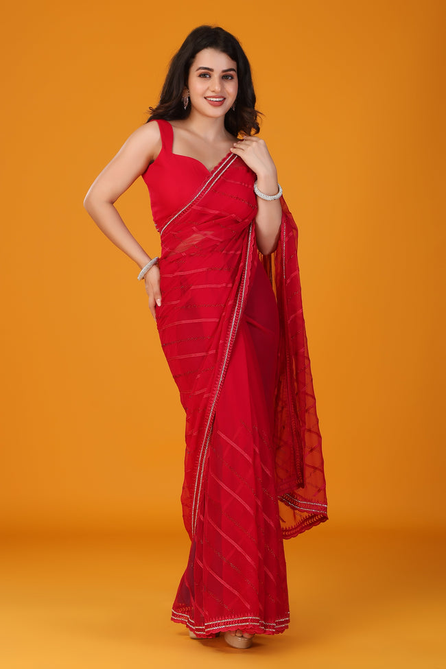 Red thread and stone work chiffon saree Hover Image