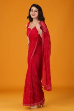 Red thread and stone work chiffon saree