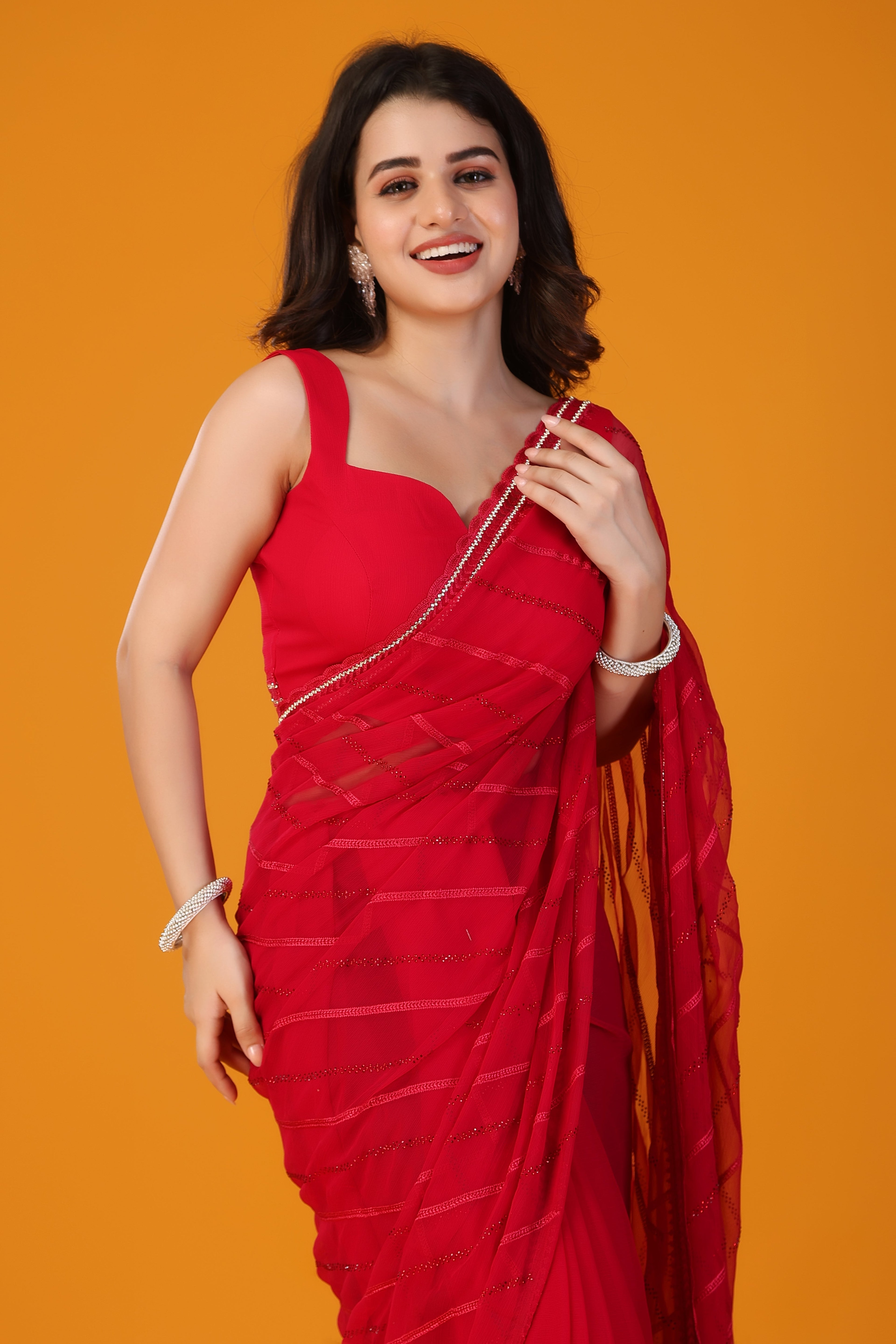 Red thread and stone work chiffon saree