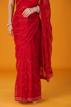 Red thread and stone work chiffon saree