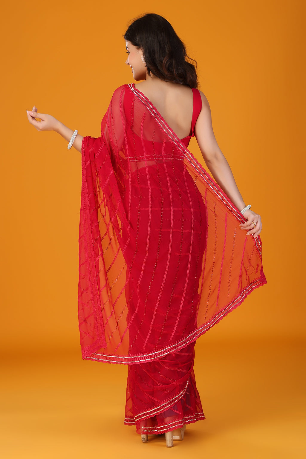 Red thread and stone work chiffon saree