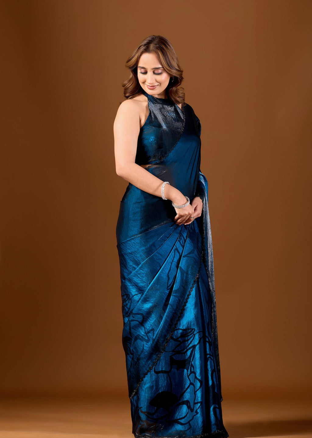 Wine Purple Organza Saree with Abstract Floral Print & Designer Scalloped Border