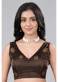 Coffee Brown Floral Printed Sleeveless V Neck Readymade Blouse for Women