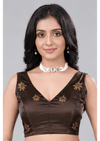 Coffee Brown Floral Printed Sleeveless V Neck Readymade Blouse for Women