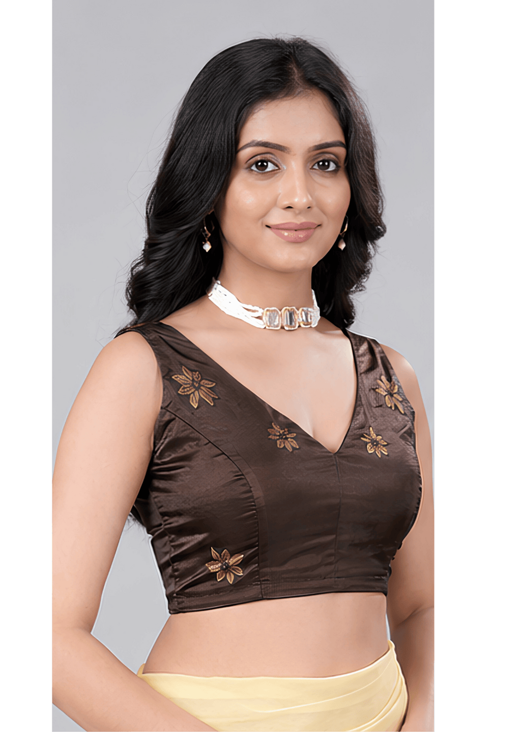 Coffee Brown Floral Printed Sleeveless V Neck Readymade Blouse for Women