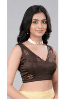 Coffee Brown Floral Printed Sleeveless V Neck Readymade Blouse for Women