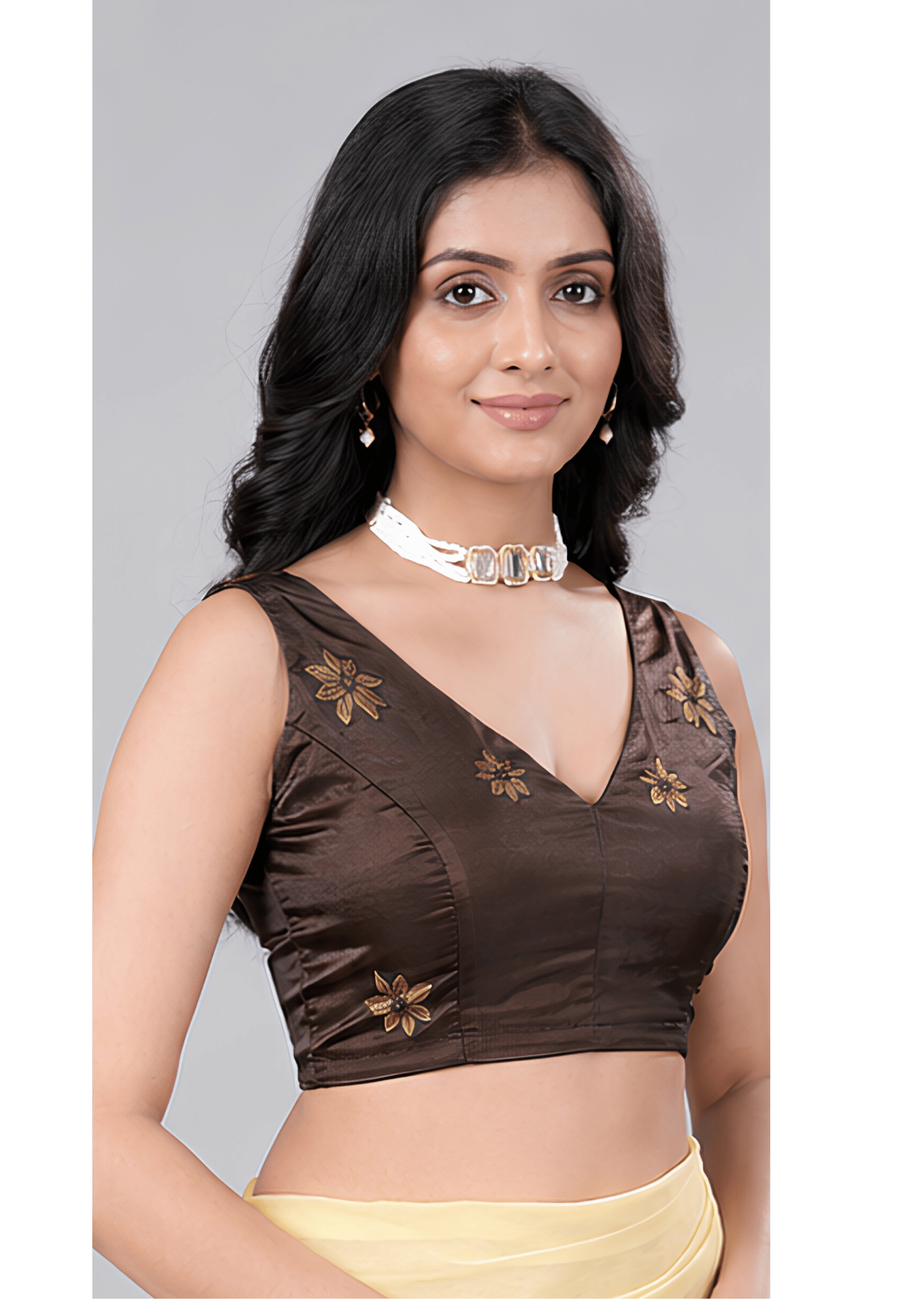 Coffee Brown Floral Printed Sleeveless V Neck Readymade Blouse for Women