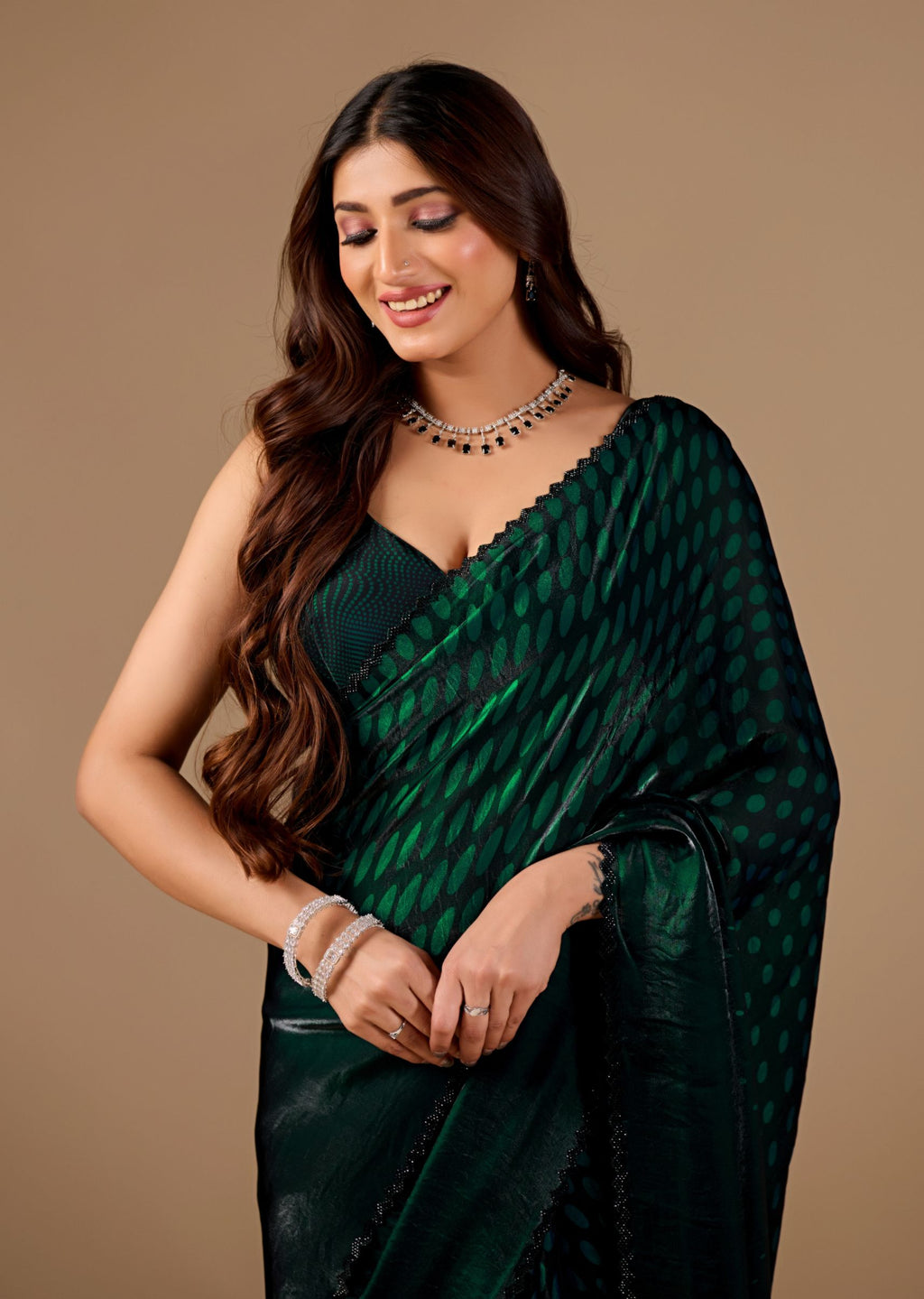 Teal Blue Organza Printed Saree with Stone Work Border Detailing