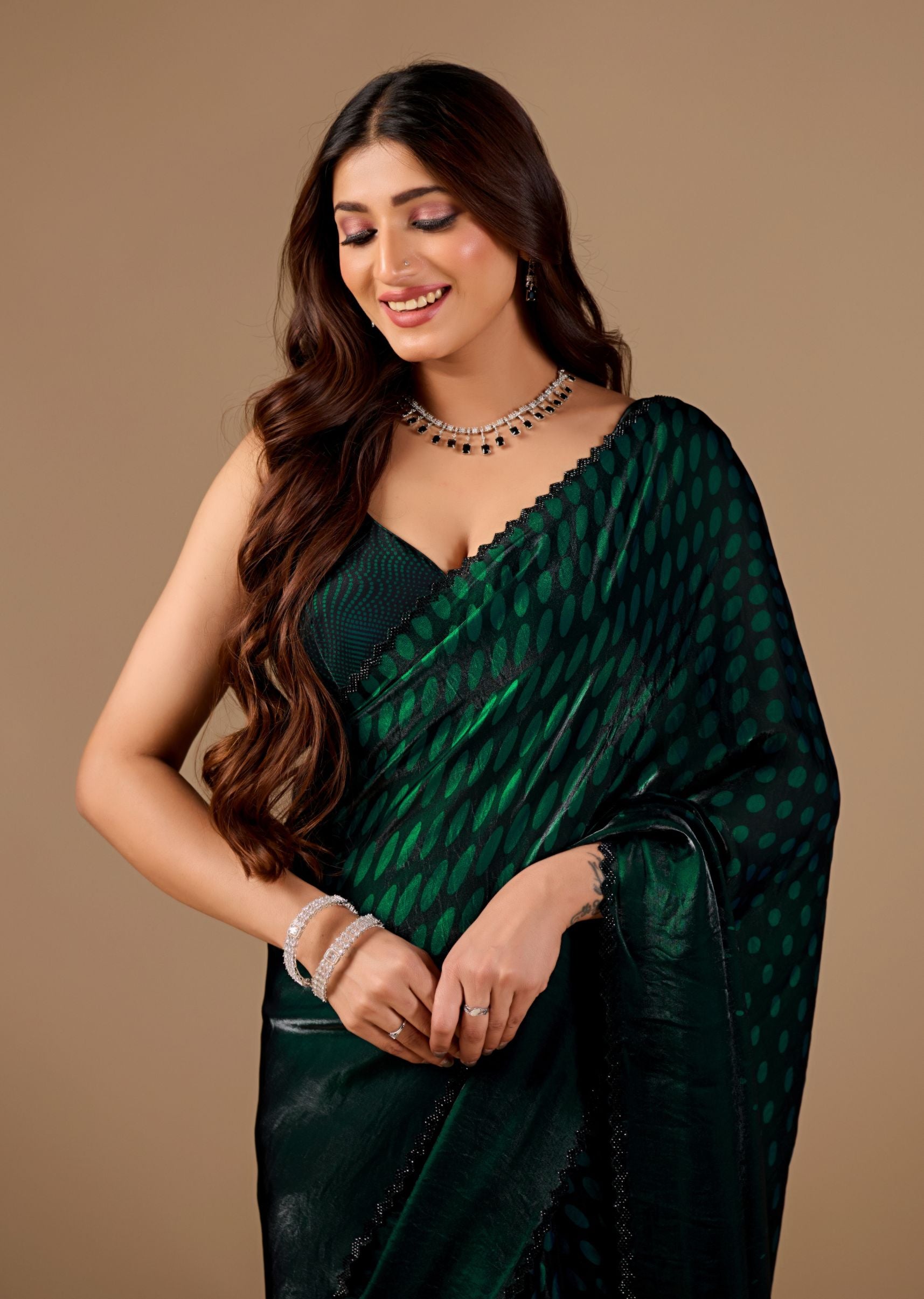 Teal Blue Organza Printed Saree with Stone Work Border Detailing