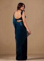 Teal Blue Organza Printed Saree with Stone Work Border Detailing