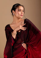 Wine Purple Organza Saree with Abstract Floral Print & Designer Scalloped Border
