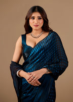 Teal Blue Organza Printed Saree with Stone Work Border Detailing