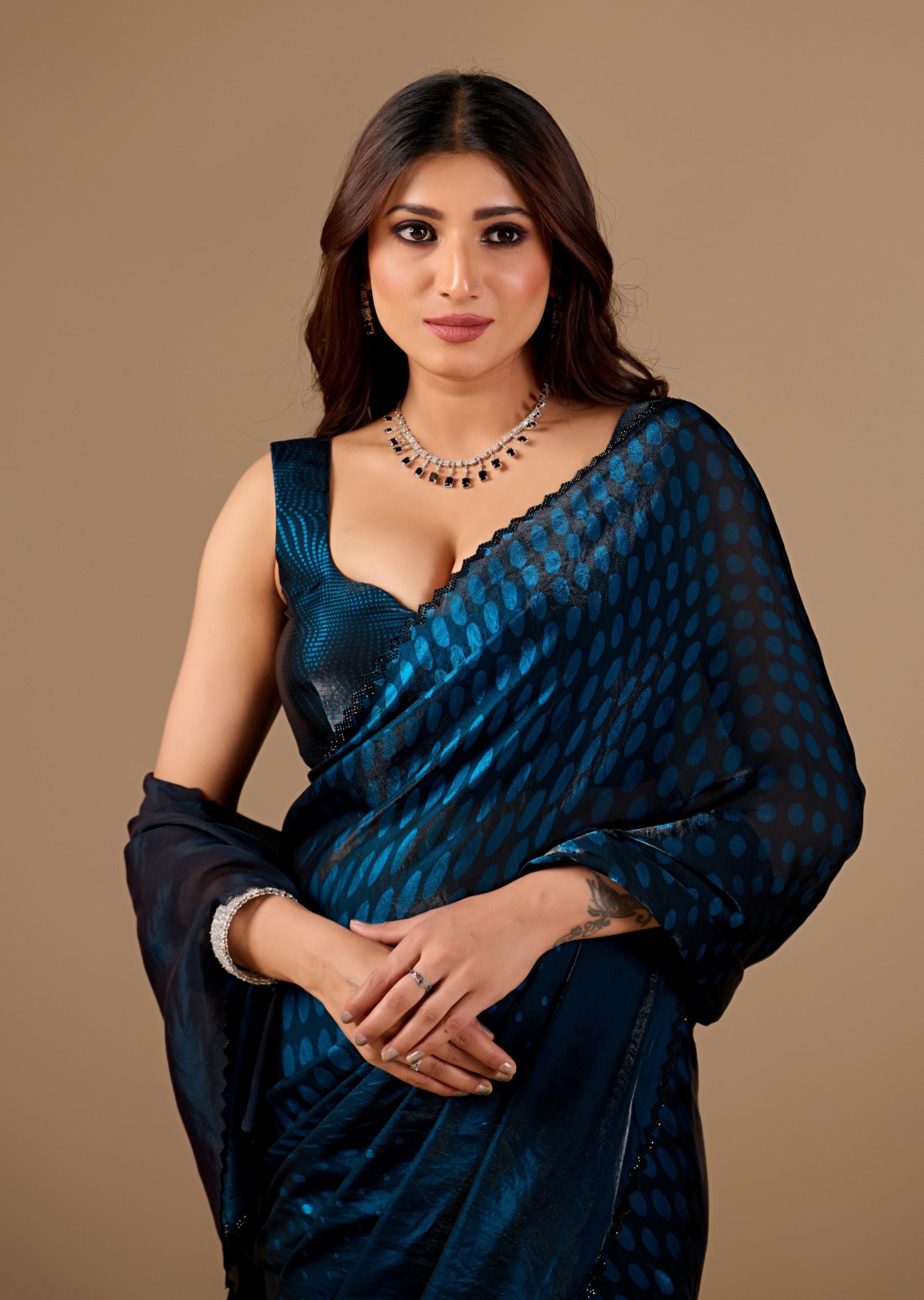 Teal Blue Organza Printed Saree with Stone Work Border Detailing
