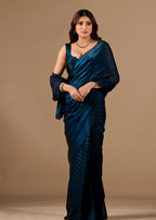 Teal Blue Organza Printed Saree with Stone Work Border Detailing