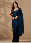 Teal Blue Organza Printed Saree with Stone Work Border Detailing