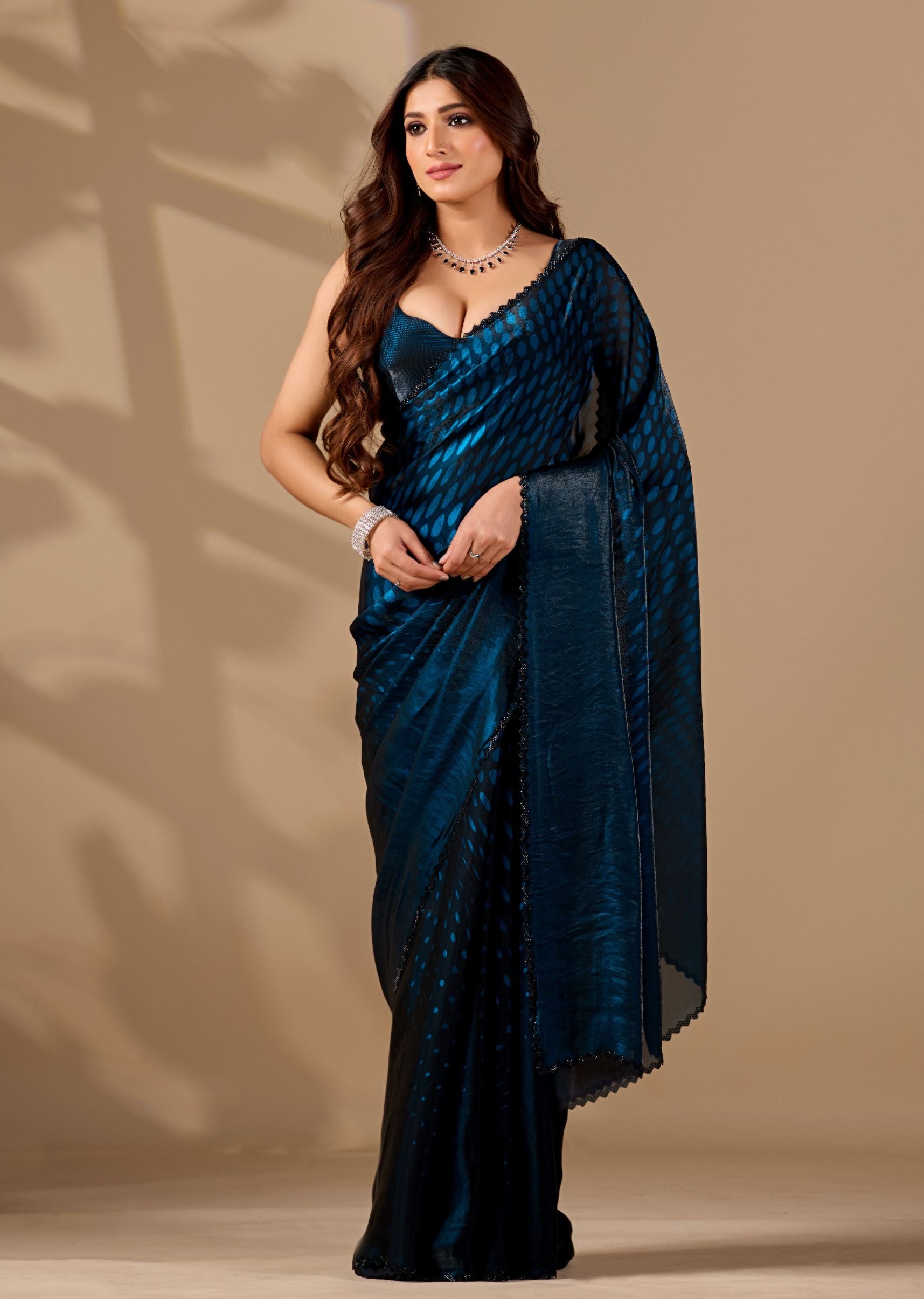 Teal Blue Organza Printed Saree with Stone Work Border Detailing