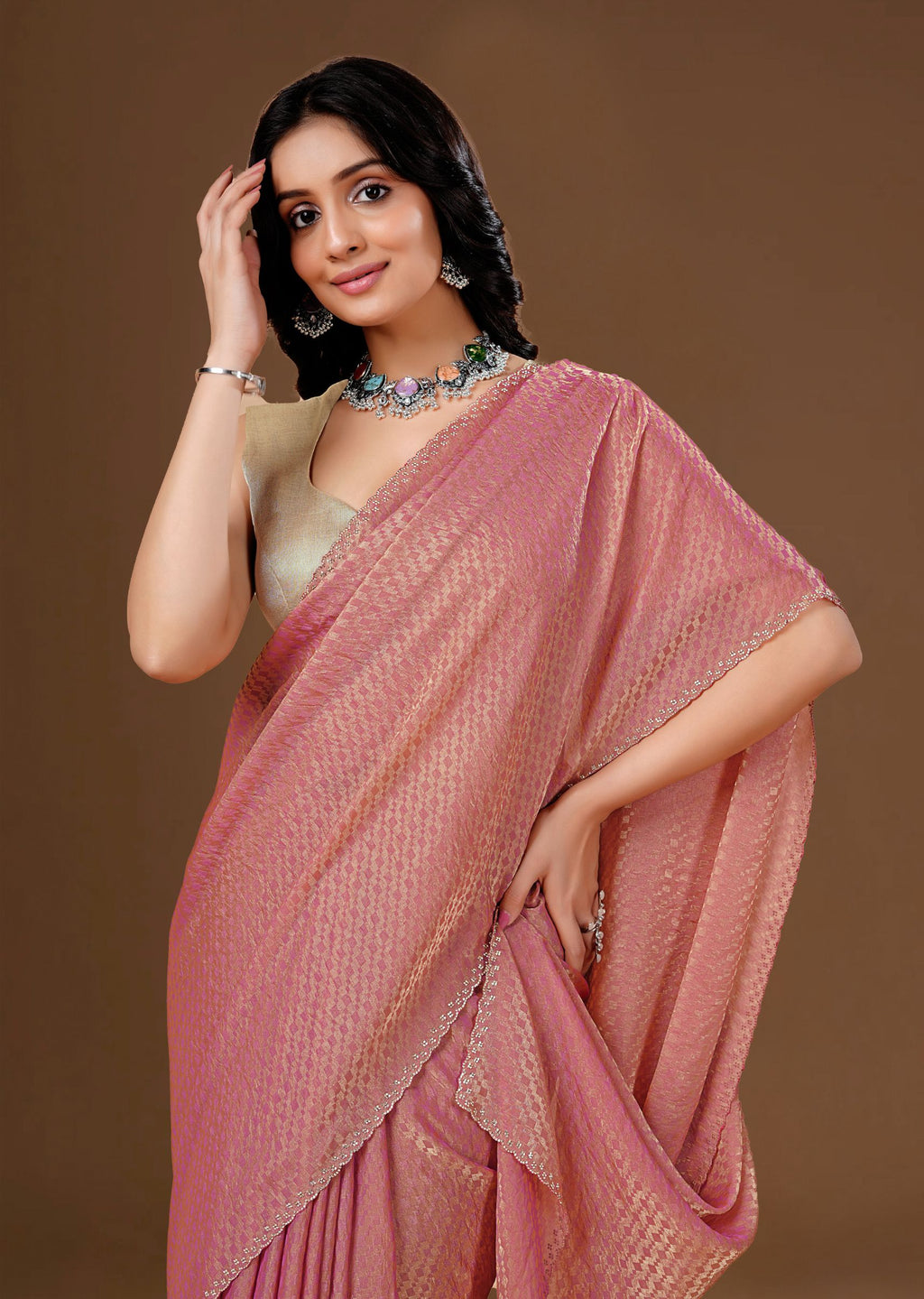 Sky Blue Organza Printed Saree with Stone Work Border Detailing
