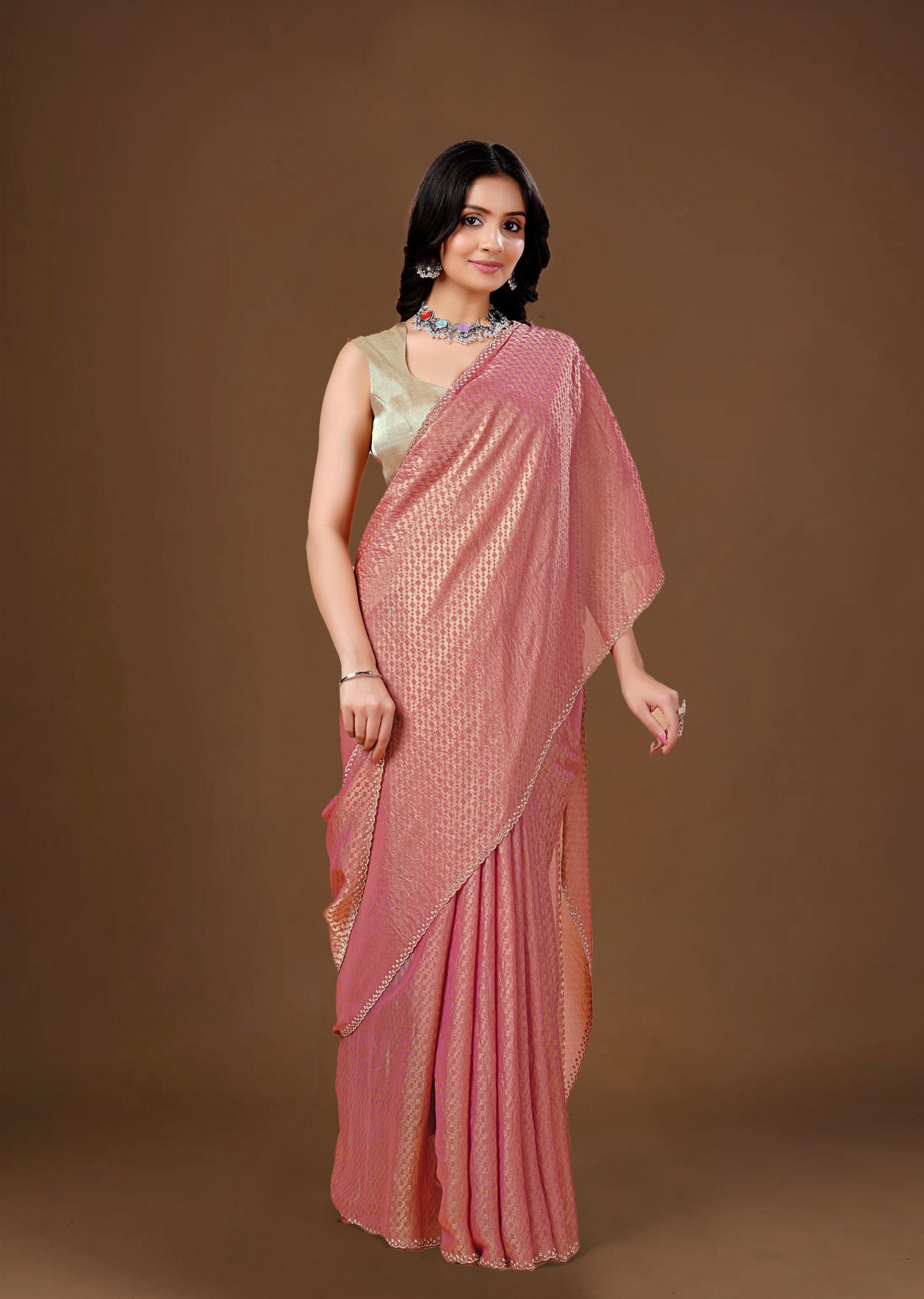Sky Blue Organza Printed Saree with Stone Work Border Detailing