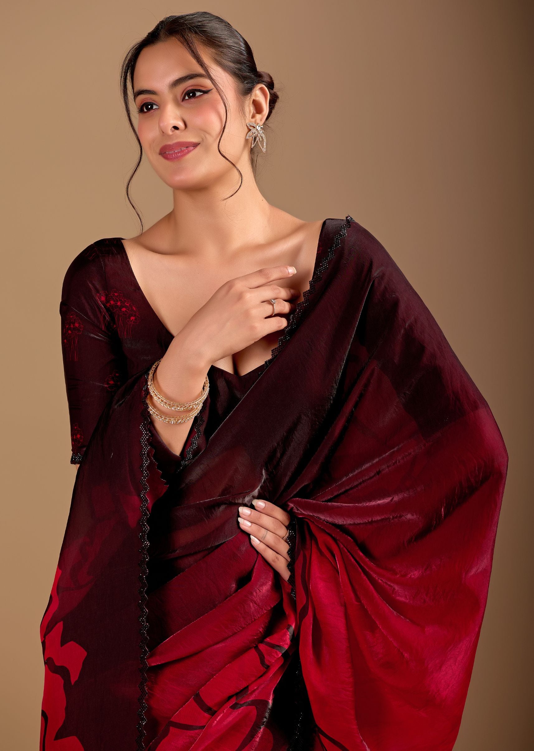 Wine Purple Organza Saree with Abstract Floral Print & Designer Scalloped Border