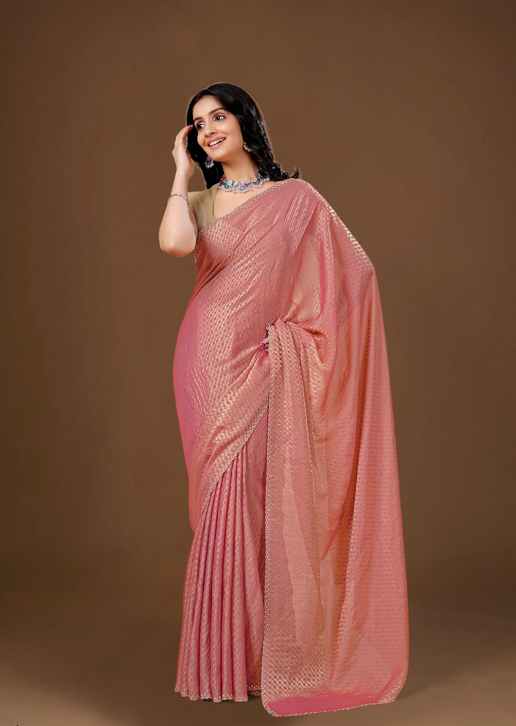 Sky Blue Organza Printed Saree with Stone Work Border Detailing