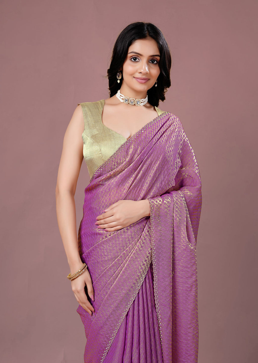 Sky Blue Organza Printed Saree with Stone Work Border Detailing