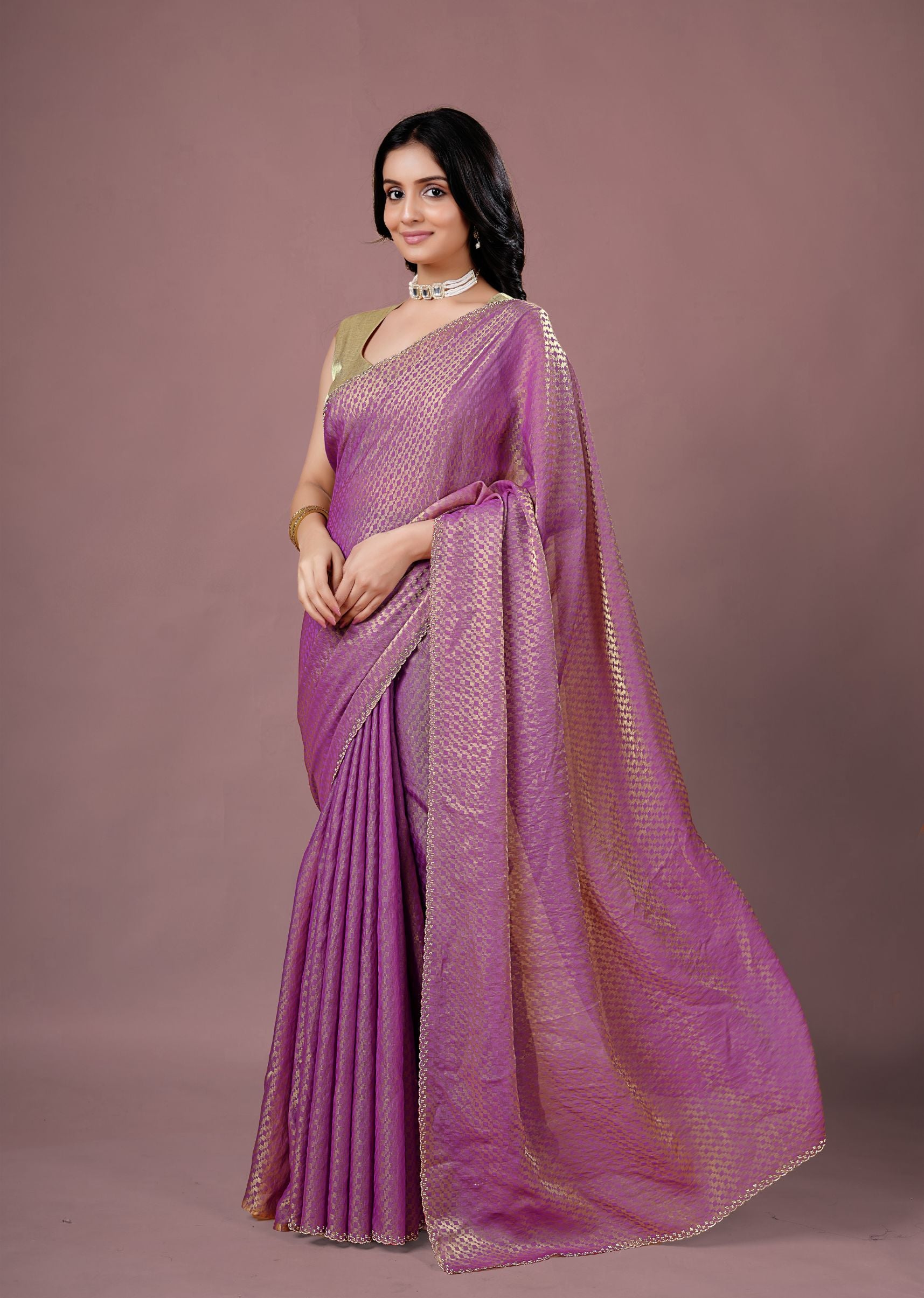 Sky Blue Organza Printed Saree with Stone Work Border Detailing