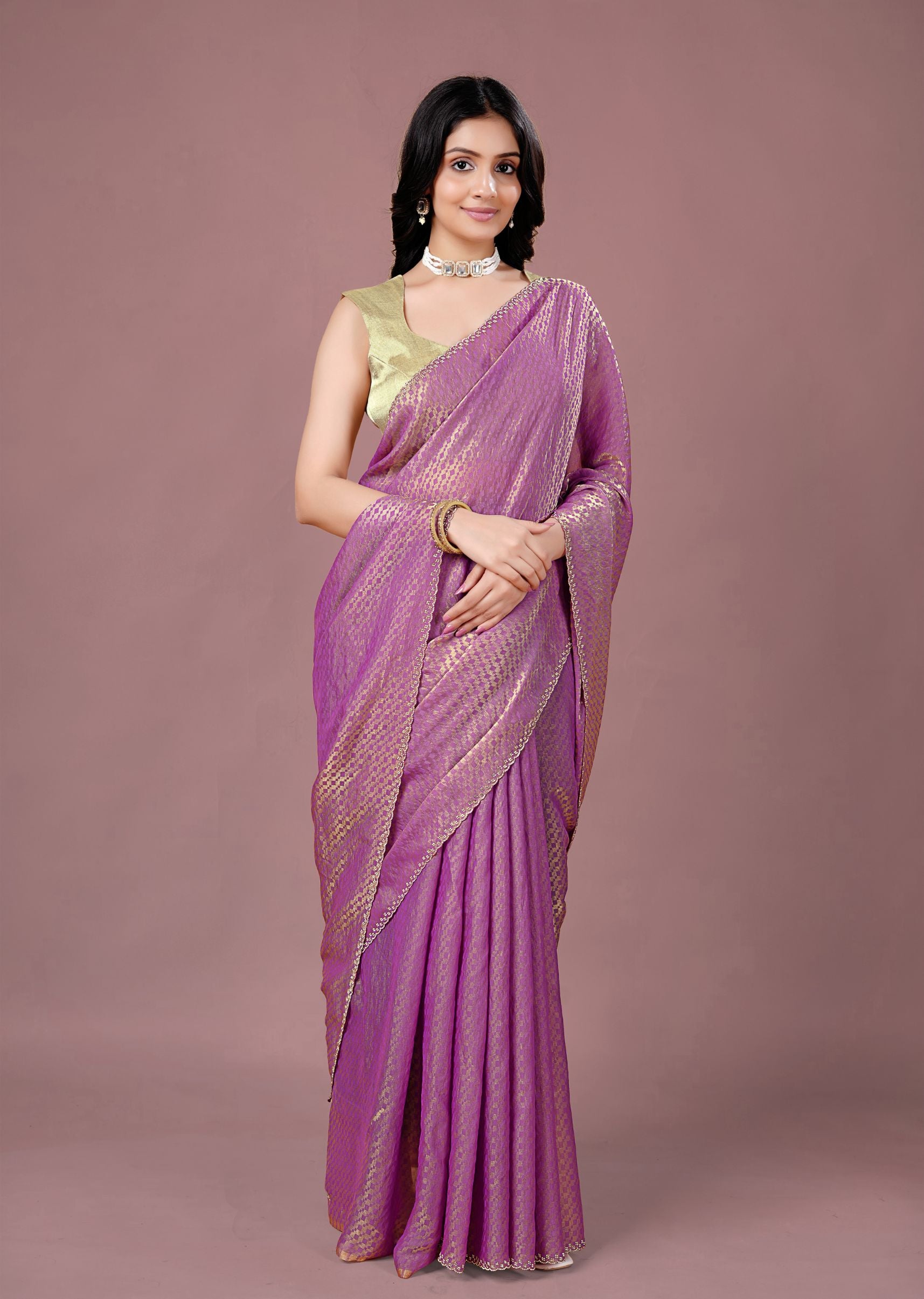 Sky Blue Organza Printed Saree with Stone Work Border Detailing