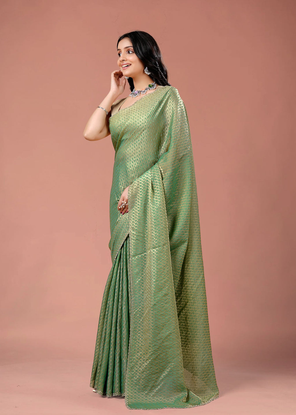 Sky Blue Organza Printed Saree with Stone Work Border Detailing