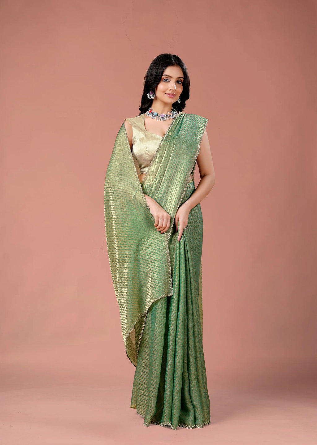 Sky Blue Organza Printed Saree with Stone Work Border Detailing