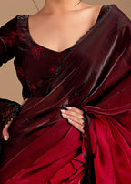Wine Purple Organza Saree with Abstract Floral Print & Designer Scalloped Border