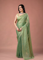 Sky Blue Organza Printed Saree with Stone Work Border Detailing