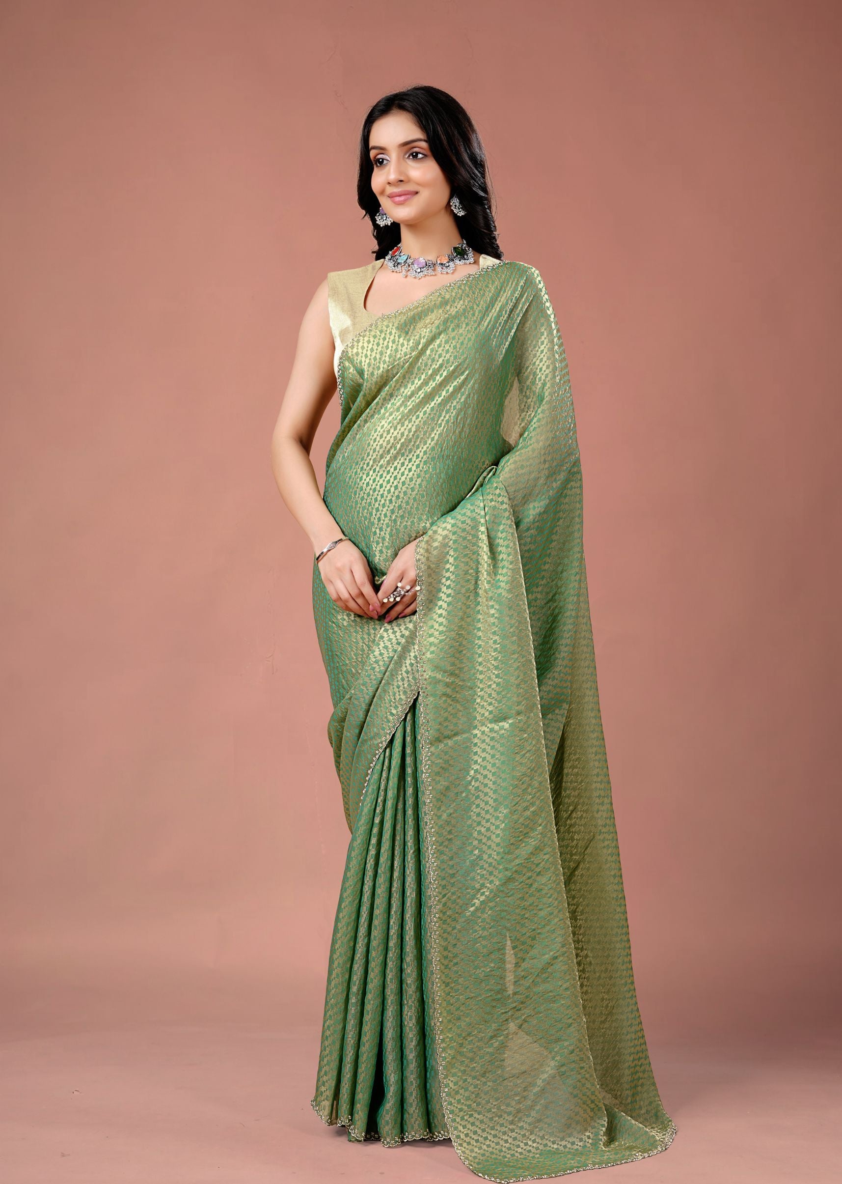 Sky Blue Organza Printed Saree with Stone Work Border Detailing