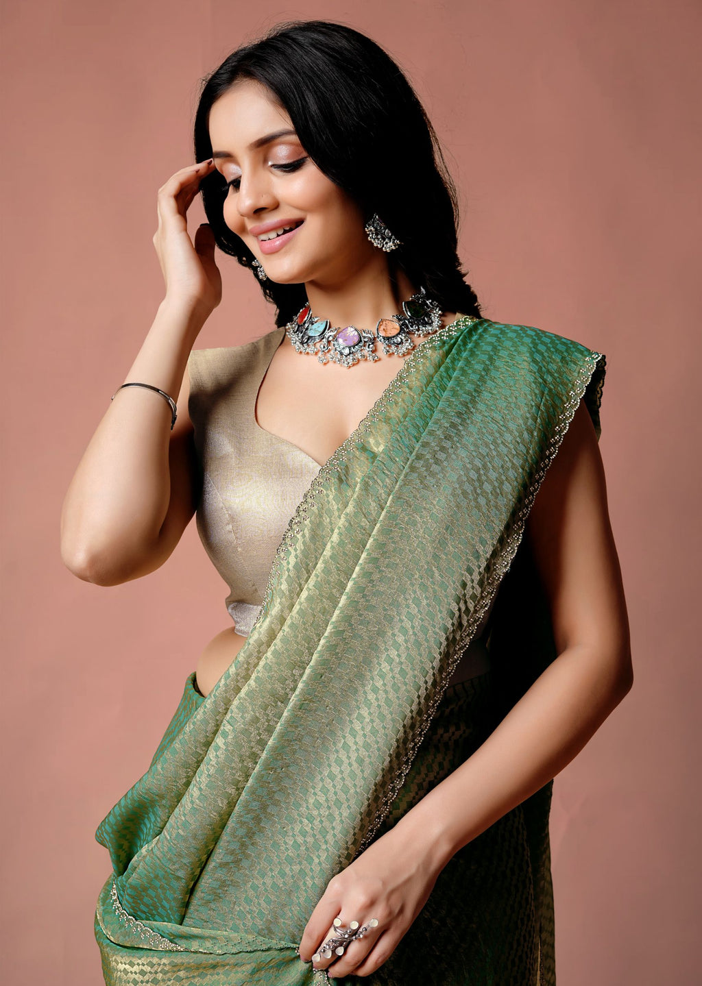Sky Blue Organza Printed Saree with Stone Work Border Detailing