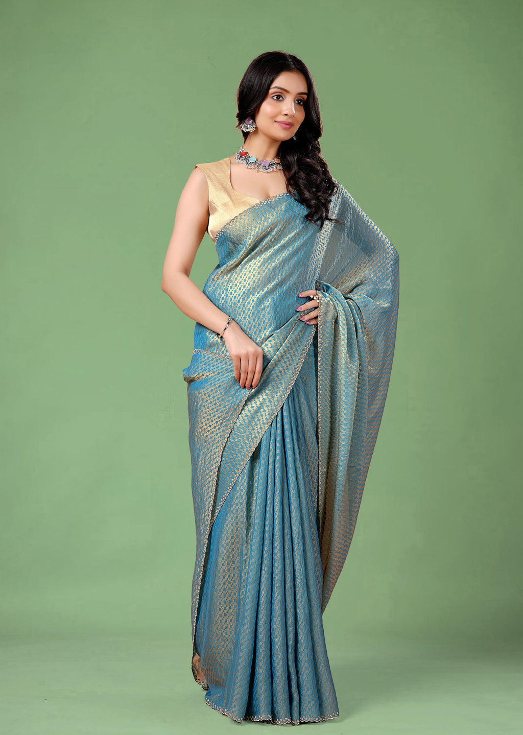 Sky Blue Organza Printed Saree with Stone Work Border Detailing