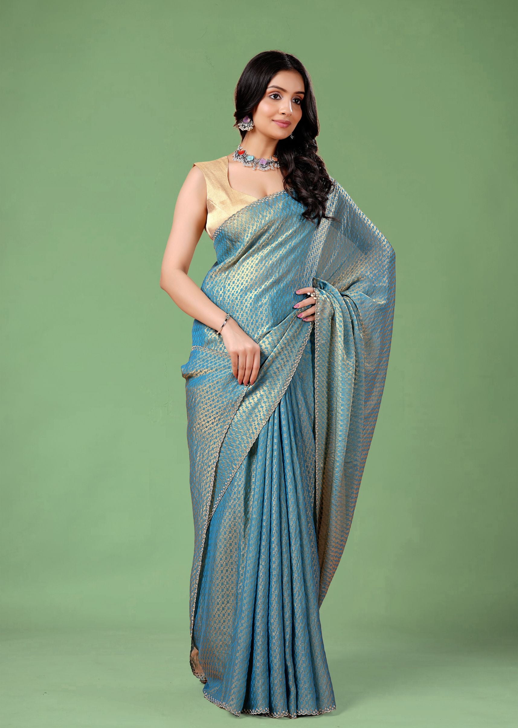 Sky Blue Organza Printed Saree with Stone Work Border Detailing